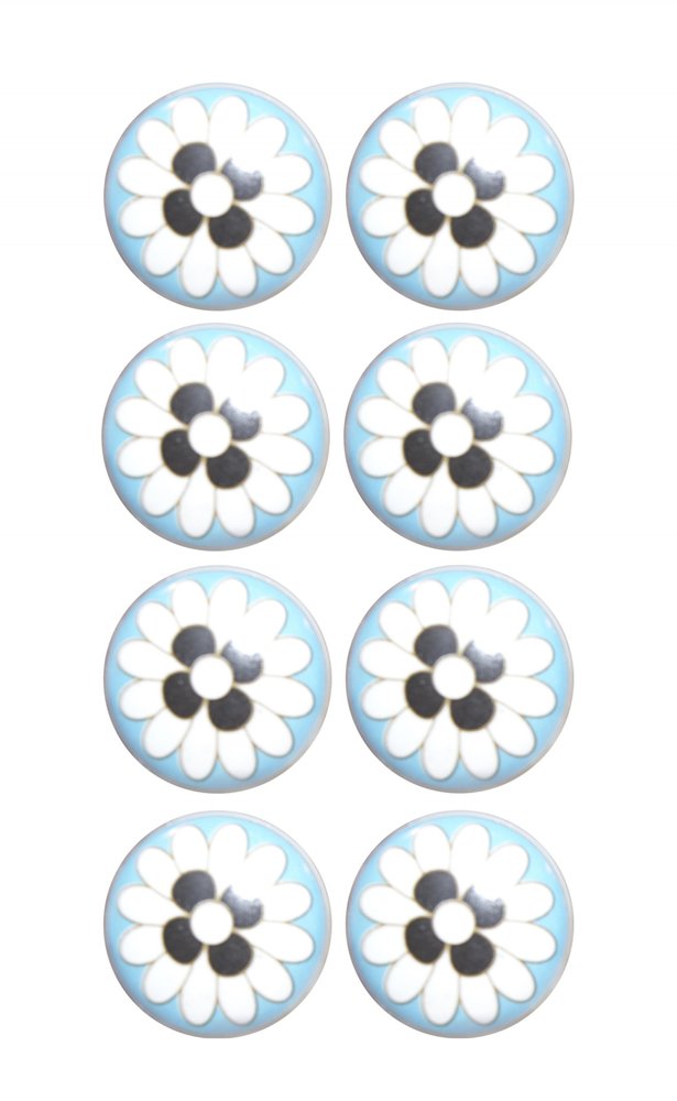 Set of Eight Blue White And Black Floral Ceramic Drawer Pull Knobs