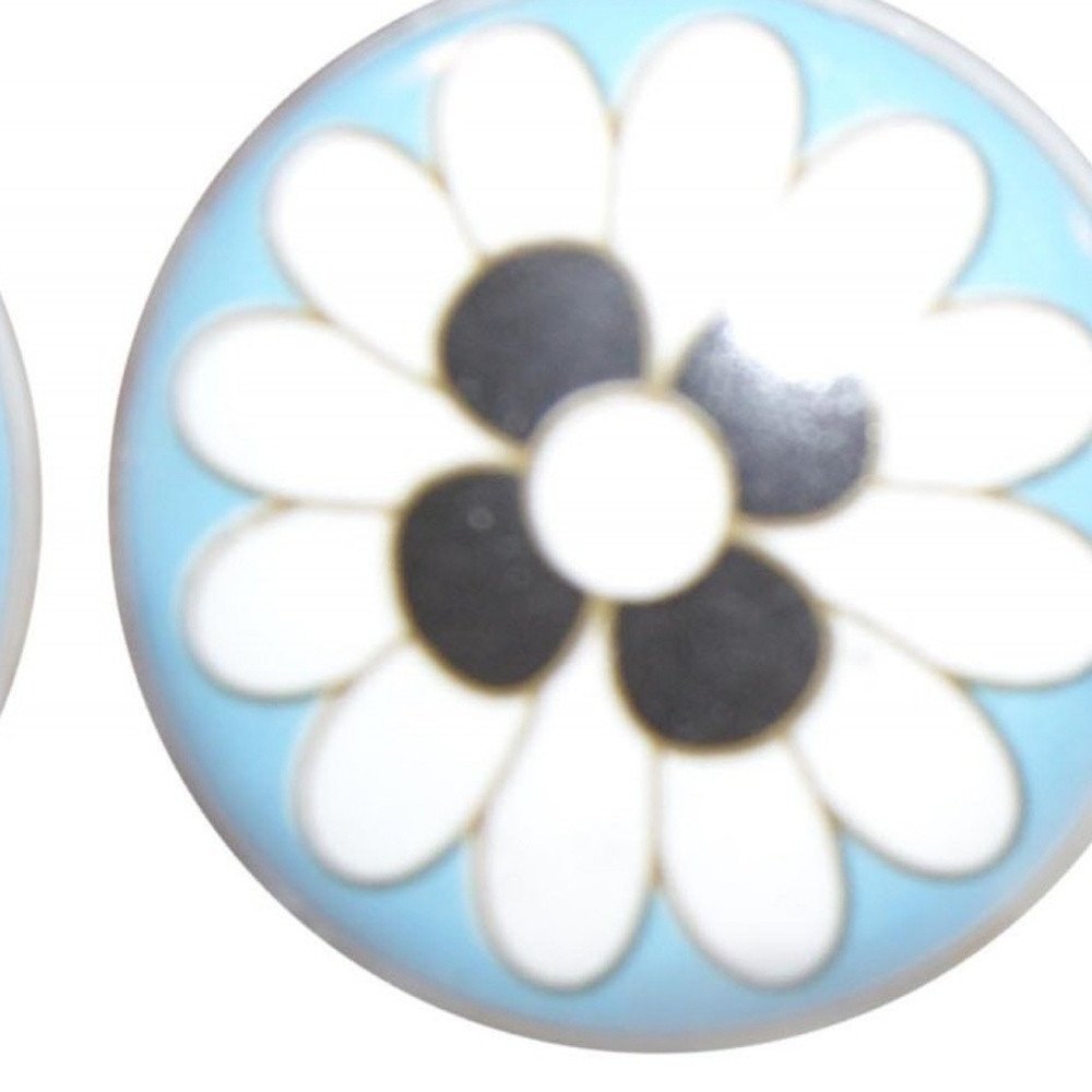 Set of Eight Blue White And Black Floral Ceramic Drawer Pull Knobs