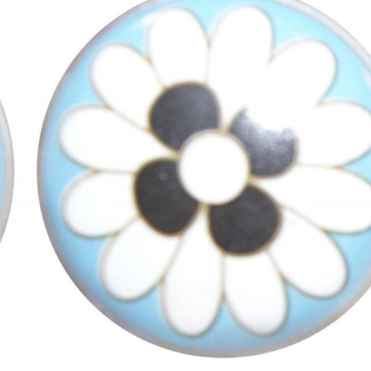 Set of Eight Blue White And Black Floral Ceramic Drawer Pull Knobs