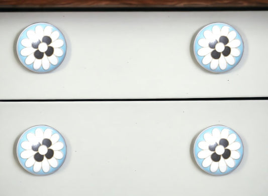 Set of Eight Blue White And Black Floral Ceramic Drawer Pull Knobs