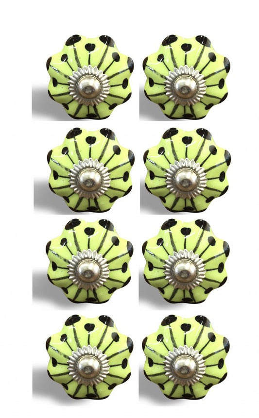 Set of Eight Lemon Black And Silver Botanical Ceramic Drawer Pull Knobs