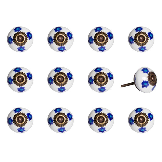 Set of Twelve Blue White And Turquoise Floral Ceramic Drawer Pull Knobs