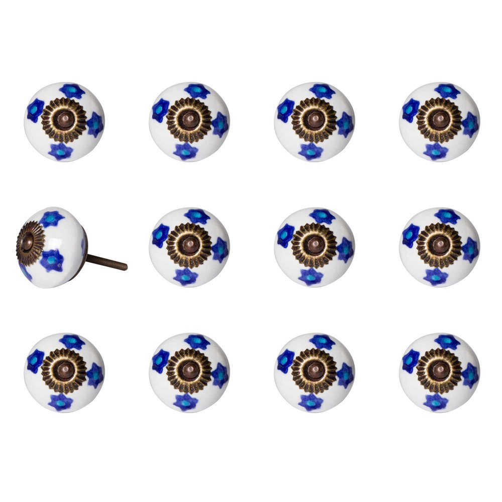Set of Twelve Blue White And Turquoise Floral Ceramic Drawer Pull Knobs