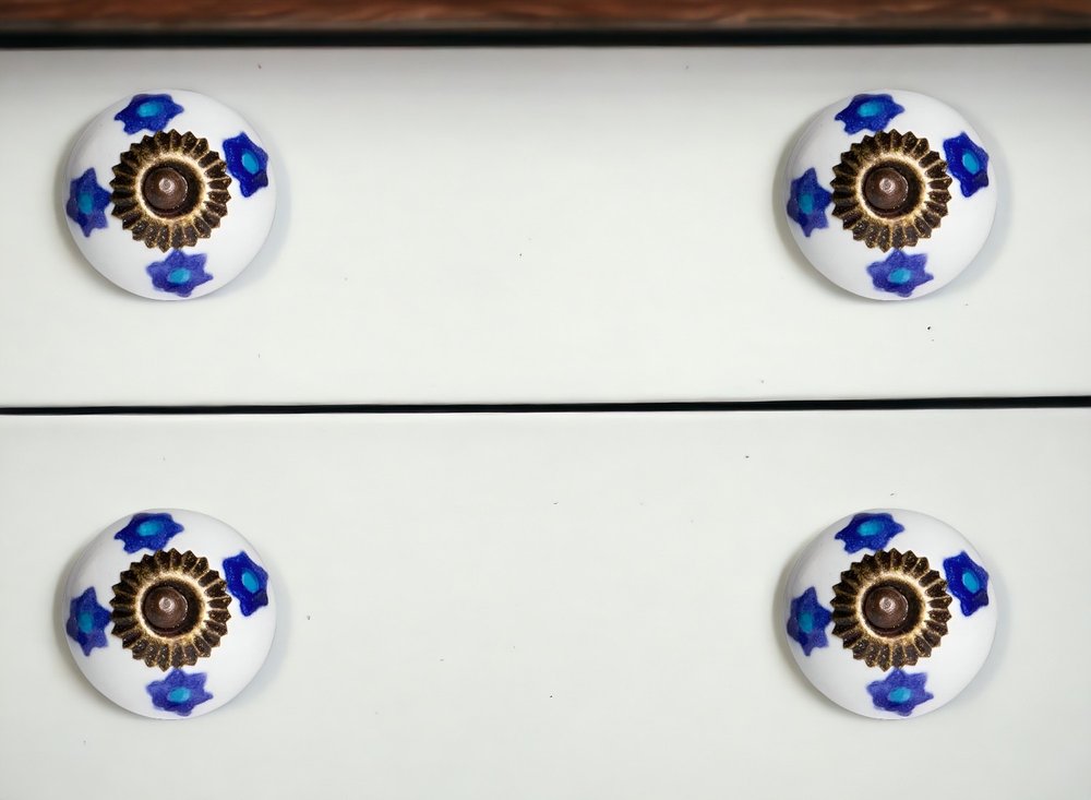 Set of Twelve Blue White And Turquoise Floral Ceramic Drawer Pull Knobs