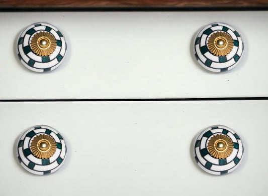 Set of Twelve White Teal And Gold Geometric Ceramic Drawer Pull Knobs
