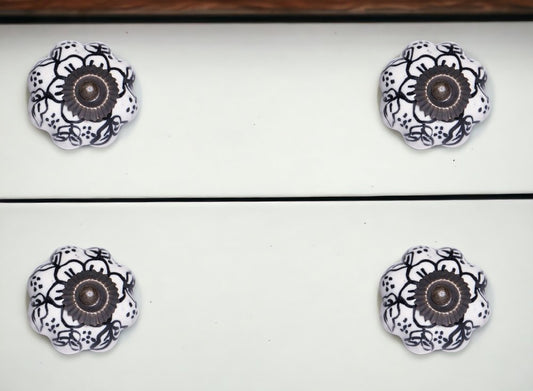 Set of Twelve Black And White Floral Ceramic Drawer Pull Knobs