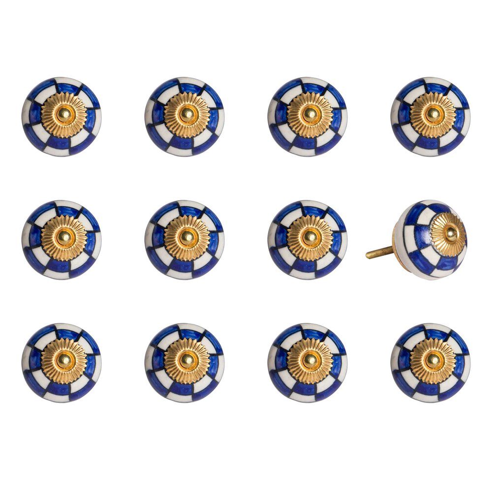 Set of Twelve Blue White And Gold Geometric Ceramic Drawer Pull Knobs