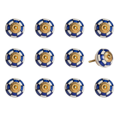Set of Twelve Blue White And Gold Geometric Ceramic Drawer Pull Knobs