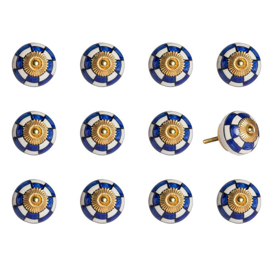 Set of Twelve Blue White And Gold Geometric Ceramic Drawer Pull Knobs