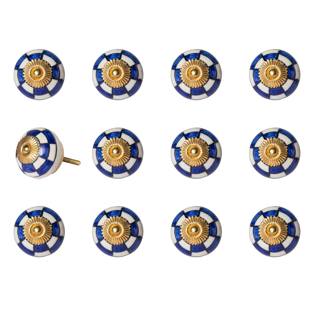 Set of Twelve Blue White And Gold Geometric Ceramic Drawer Pull Knobs