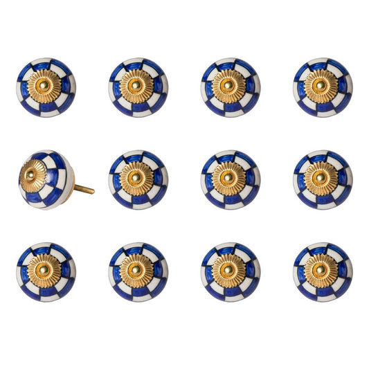 Set of Twelve Blue White And Gold Geometric Ceramic Drawer Pull Knobs