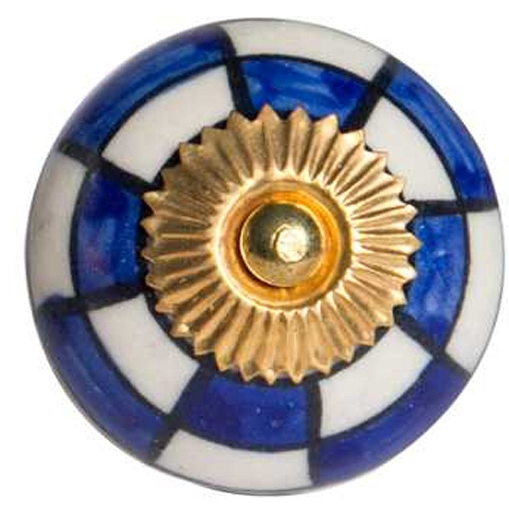 Set of Twelve Blue White And Gold Geometric Ceramic Drawer Pull Knobs