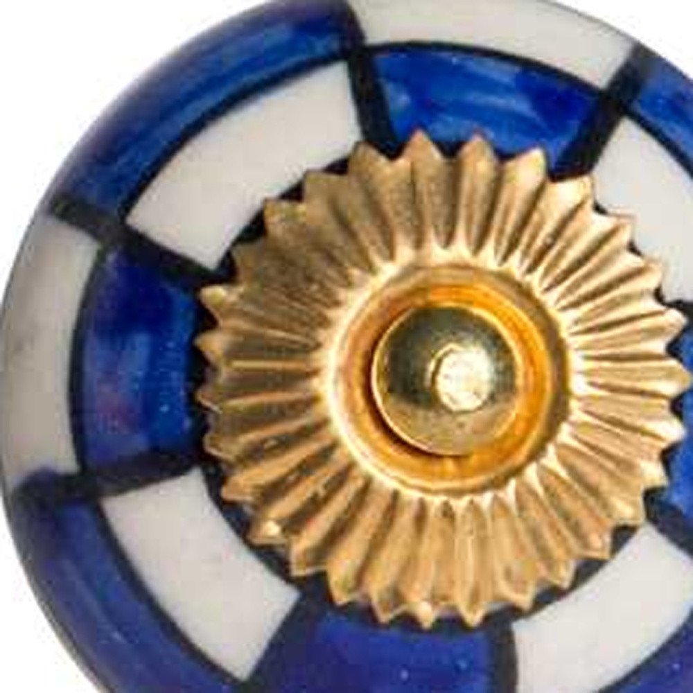 Set of Twelve Blue White And Gold Geometric Ceramic Drawer Pull Knobs