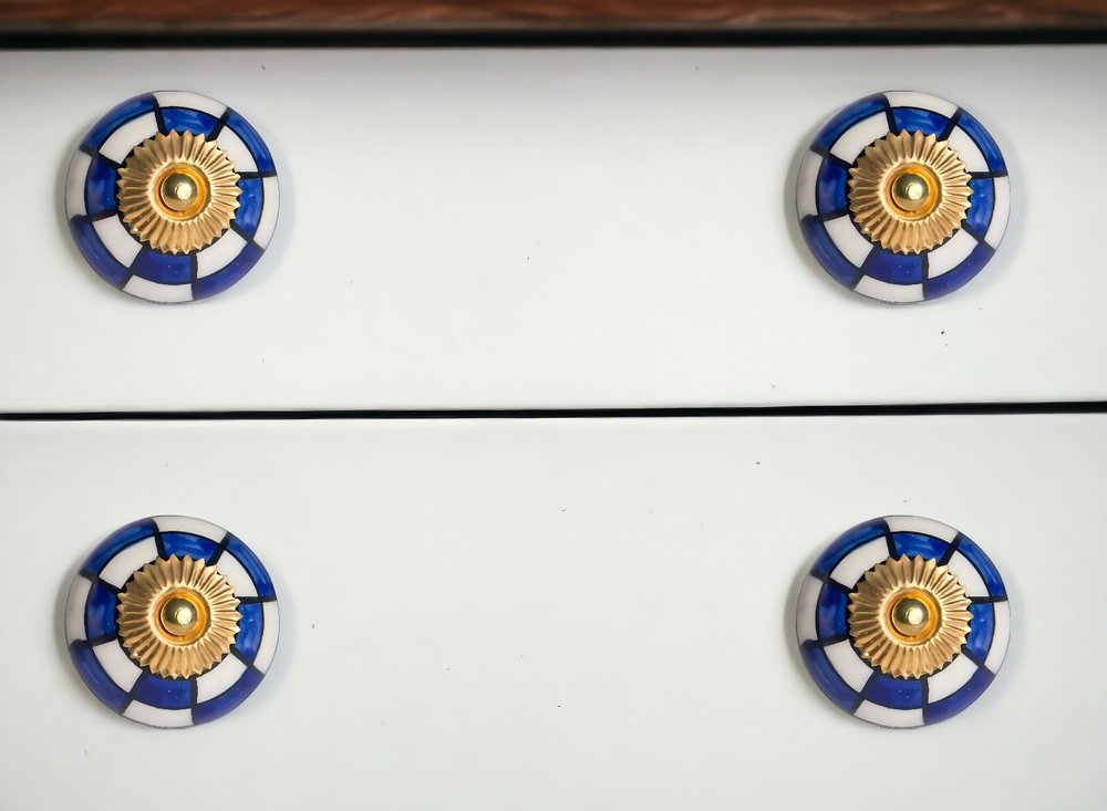 Set of Twelve Blue White And Gold Geometric Ceramic Drawer Pull Knobs