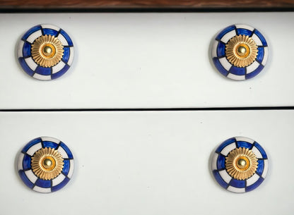 Set of Twelve Blue White And Gold Geometric Ceramic Drawer Pull Knobs