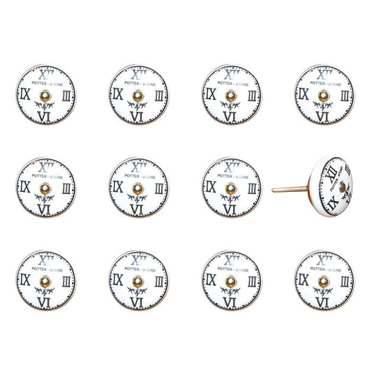 Set of Twelve Black White And Gold Clock Face Ceramic Drawer Pull Knobs