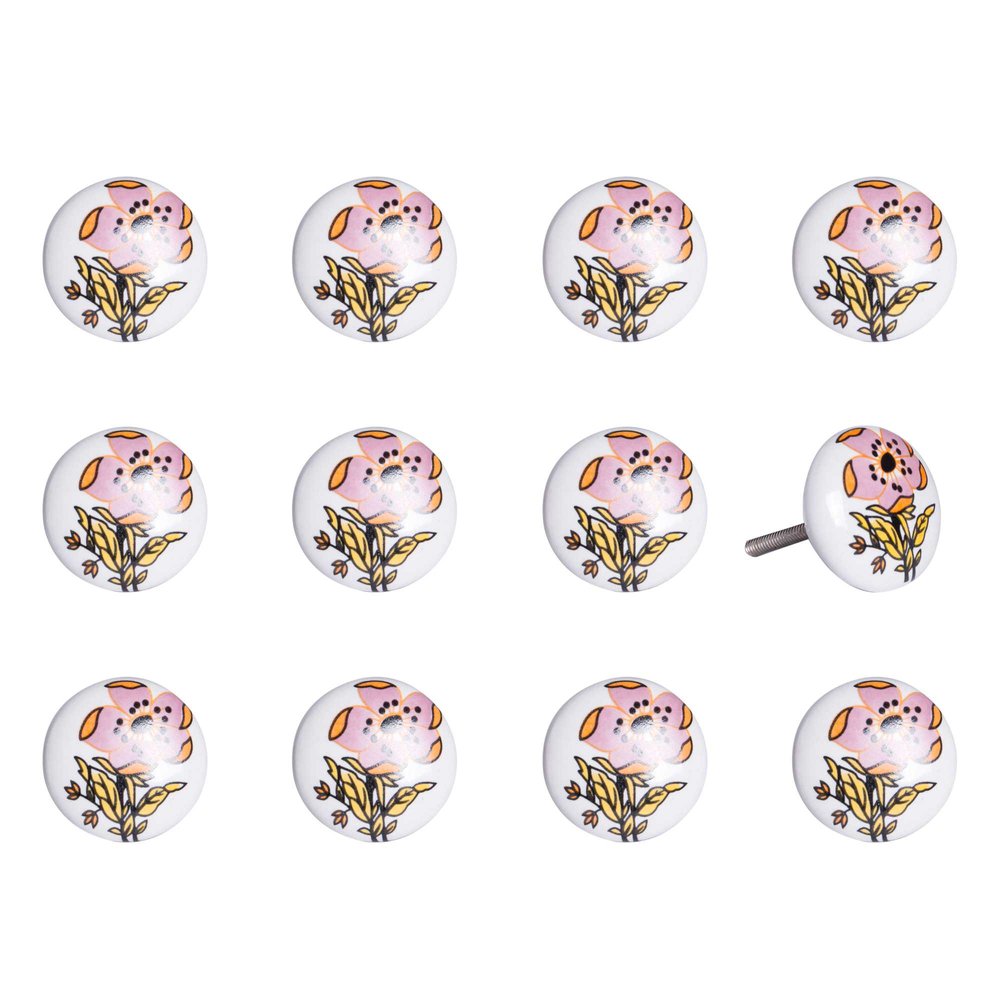 Set of Twelve Pink And White Floral Ceramic Drawer Pull Knobs