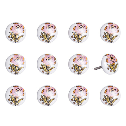 Set of Twelve Pink And White Floral Ceramic Drawer Pull Knobs
