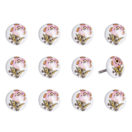 Set of Twelve Pink And White Floral Ceramic Drawer Pull Knobs