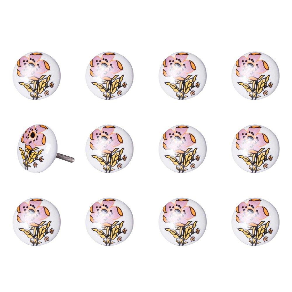 Set of Twelve Pink And White Floral Ceramic Drawer Pull Knobs
