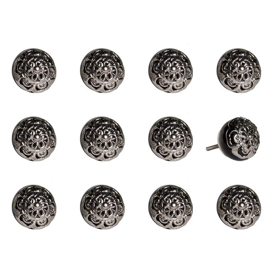 Set of Twelve Black And Silver Ceramic Filigree Floral Drawer Pull Knobs
