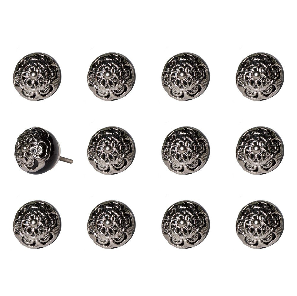 Set of Twelve Black And Silver Ceramic Filigree Floral Drawer Pull Knobs