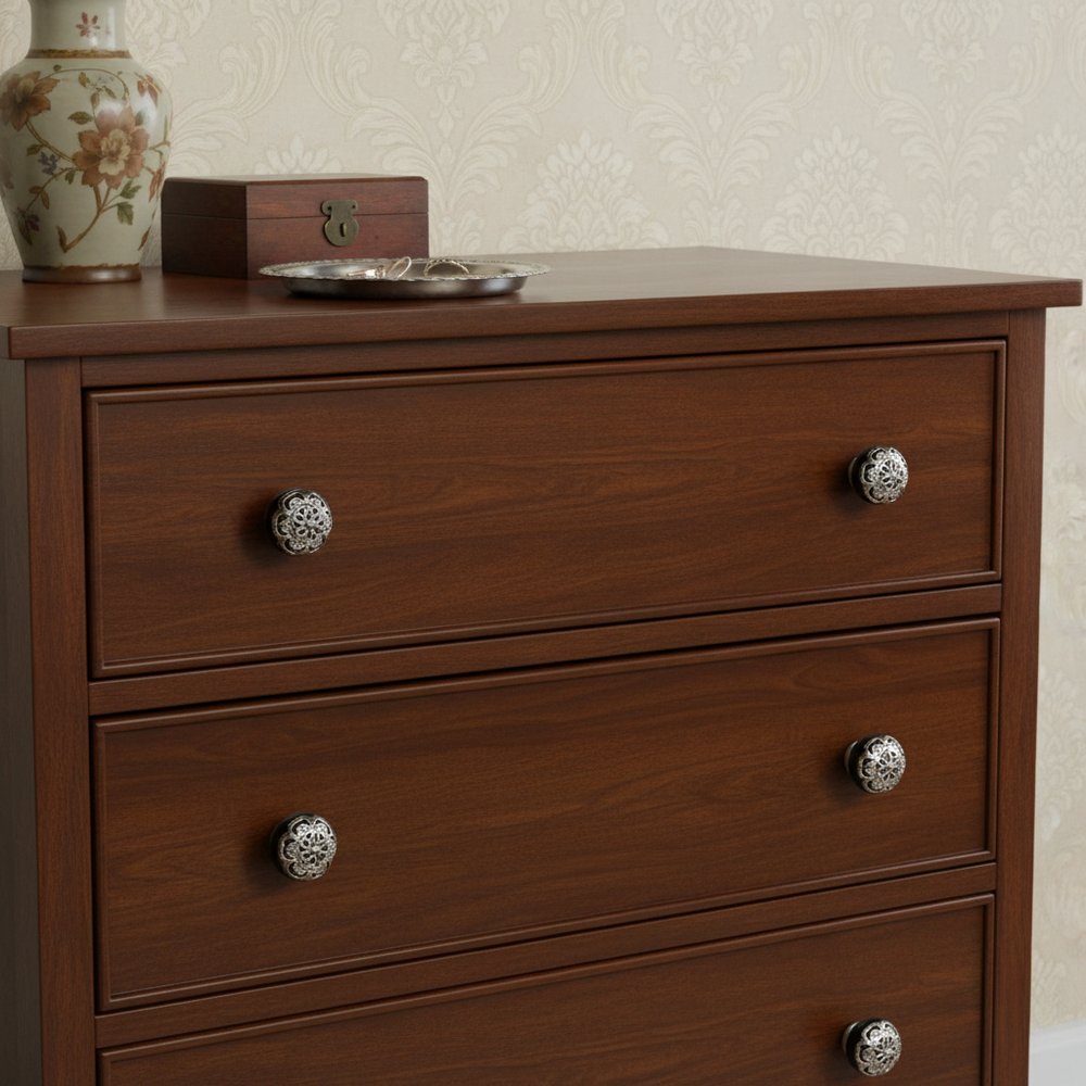 Set of Twelve Black And Silver Ceramic Filigree Floral Drawer Pull Knobs