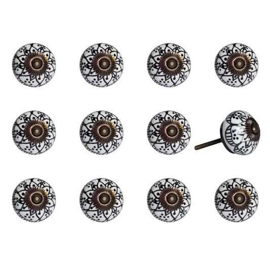 Set of Twelve Black And White Floral Ceramic Drawer Pull Knobs