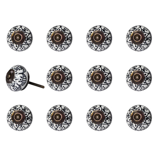 Set of Twelve Black And White Floral Ceramic Drawer Pull Knobs