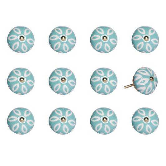Set of Twelve Aqua And White Geometric Ceramic Drawer Pull Knobs
