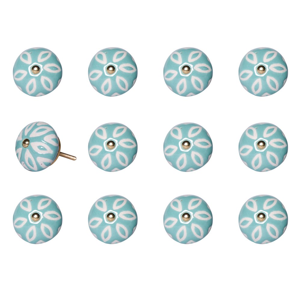 Set of Twelve Aqua And White Geometric Ceramic Drawer Pull Knobs
