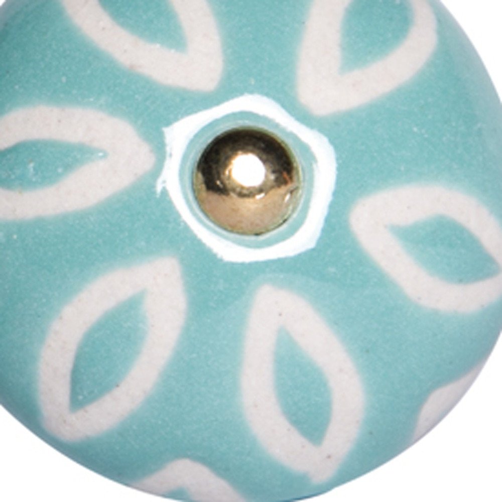 Set of Twelve Aqua And White Geometric Ceramic Drawer Pull Knobs