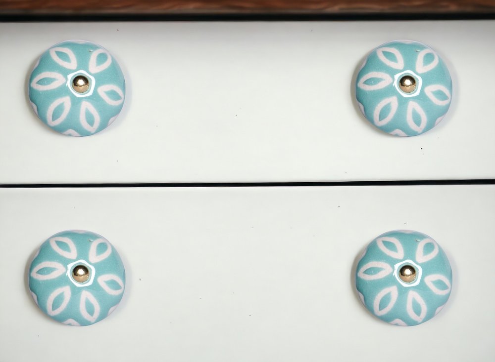 Set of Twelve Aqua And White Geometric Ceramic Drawer Pull Knobs