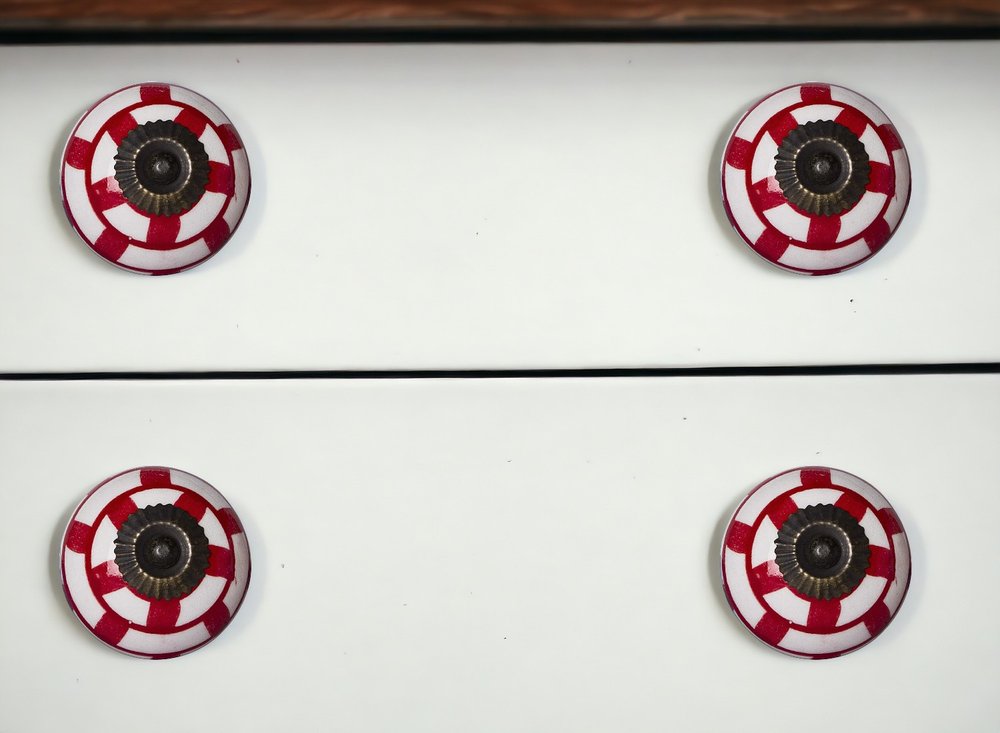 Set of Twelve Red And White Geometric Ceramic Drawer Pull Knobs
