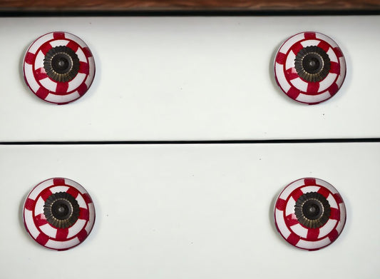 Set of Twelve Red And White Geometric Ceramic Drawer Pull Knobs