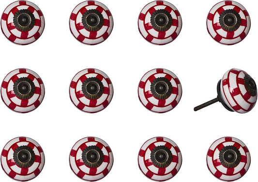 Set of Twelve Red And White Geometric Ceramic Drawer Pull Knobs