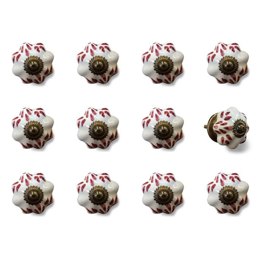 Set of Twelve Burgundy White And Copper Floral Ceramic Drawer Pull Knobs