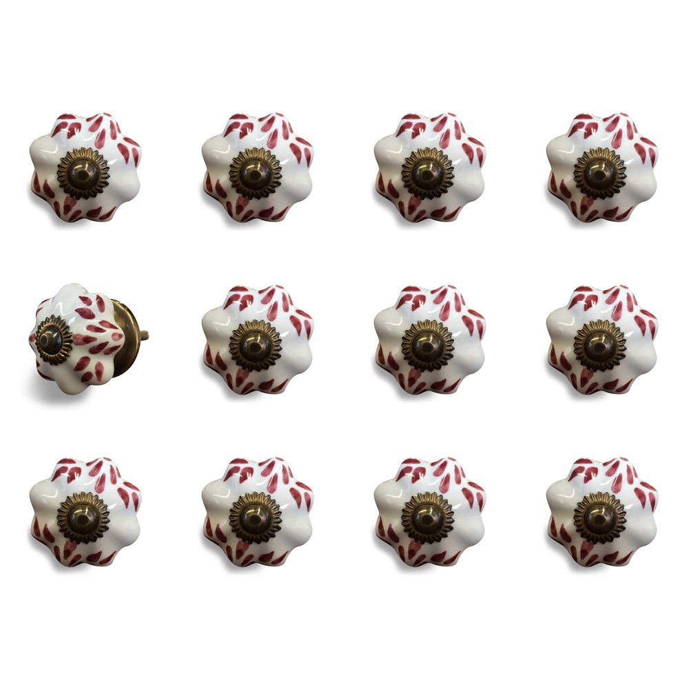 Set of Twelve Burgundy White And Copper Floral Ceramic Drawer Pull Knobs