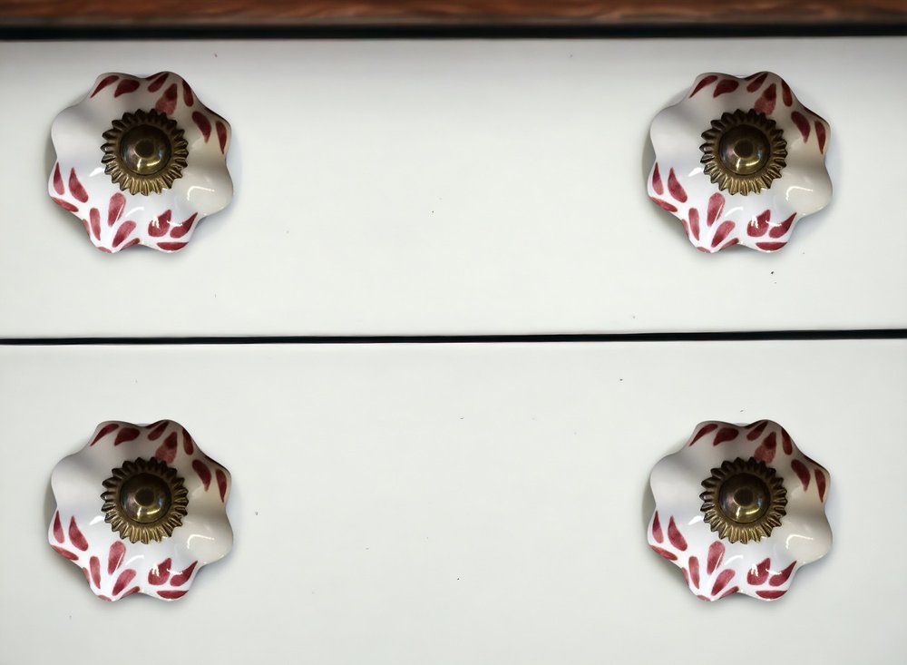Set of Twelve Burgundy White And Copper Floral Ceramic Drawer Pull Knobs
