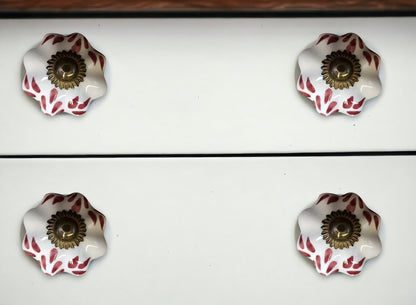 Set of Twelve Burgundy White And Copper Floral Ceramic Drawer Pull Knobs