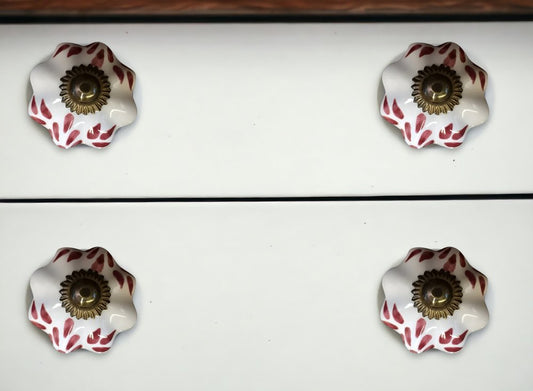 Set of Twelve Burgundy White And Copper Floral Ceramic Drawer Pull Knobs