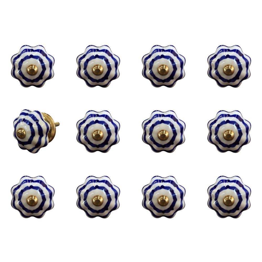 Set of Twelve Blue White And Copper Floral Ceramic Drawer Pull Knobs