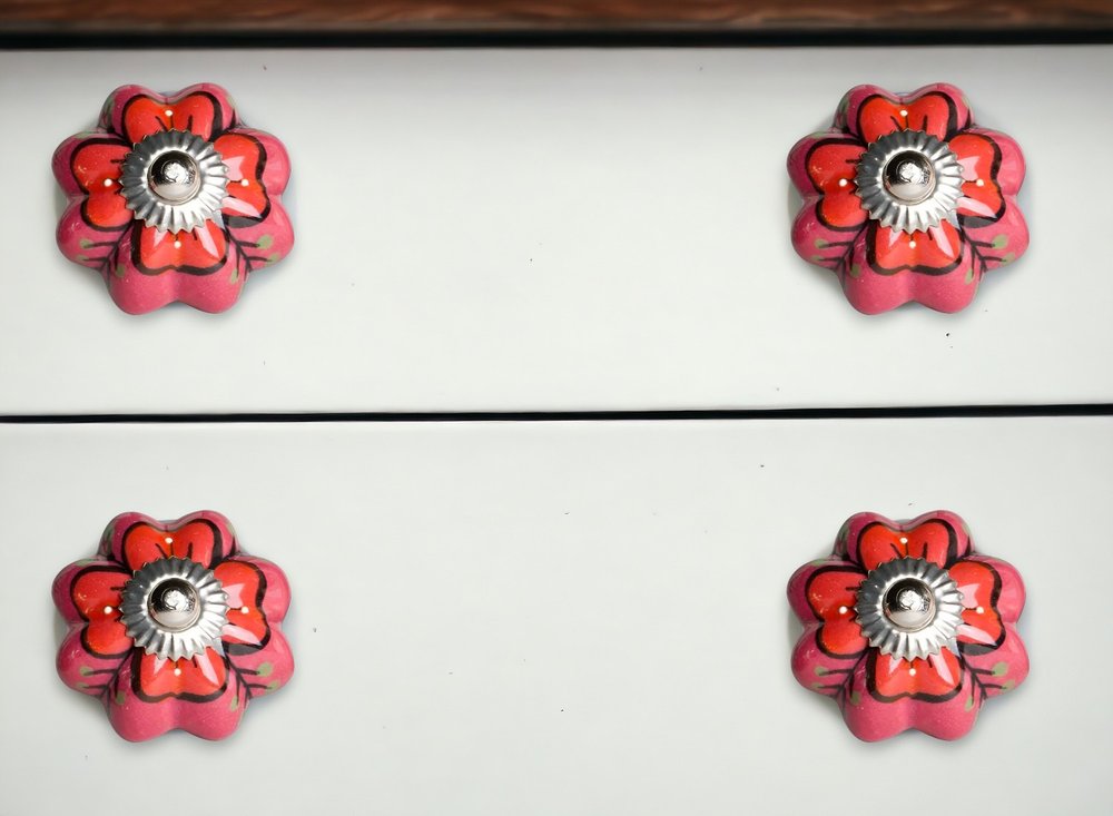 Set of Eight Pink And White Ceramic Drawer Pull Knobs