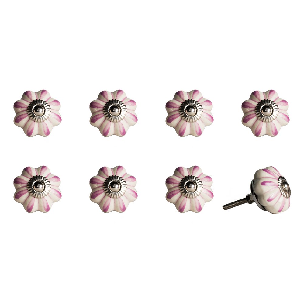 Set of Eight Pink And White Ceramic Drawer Pull Knobs