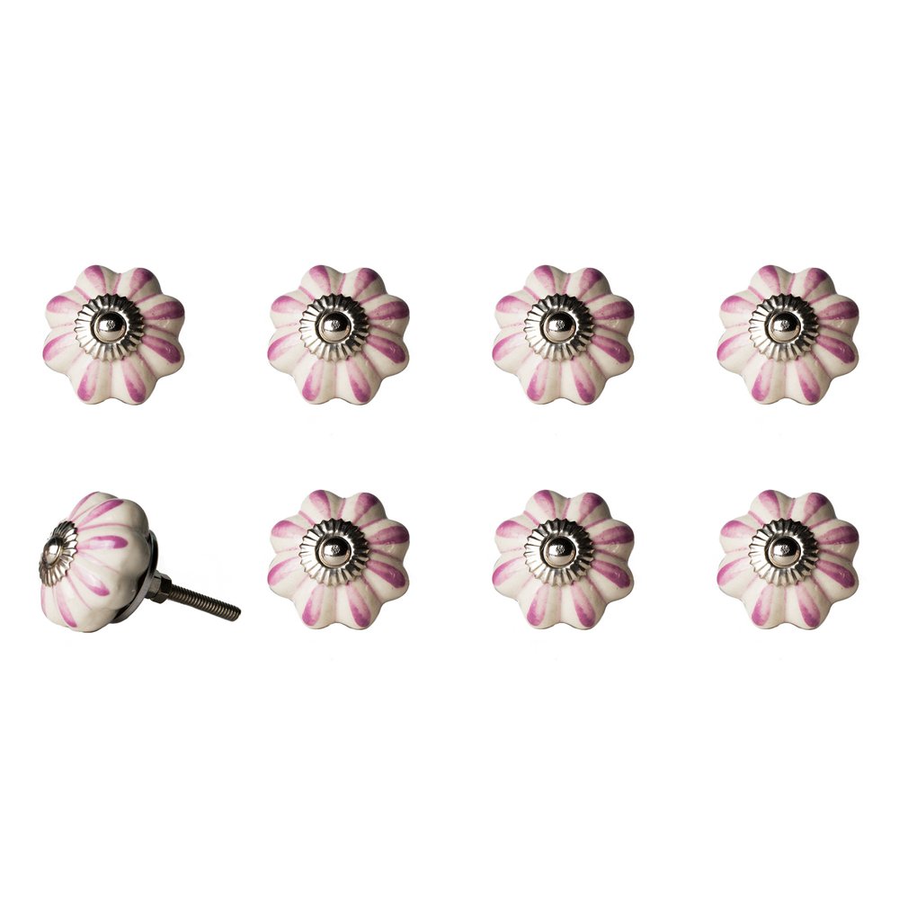 Set of Eight Pink And White Ceramic Drawer Pull Knobs
