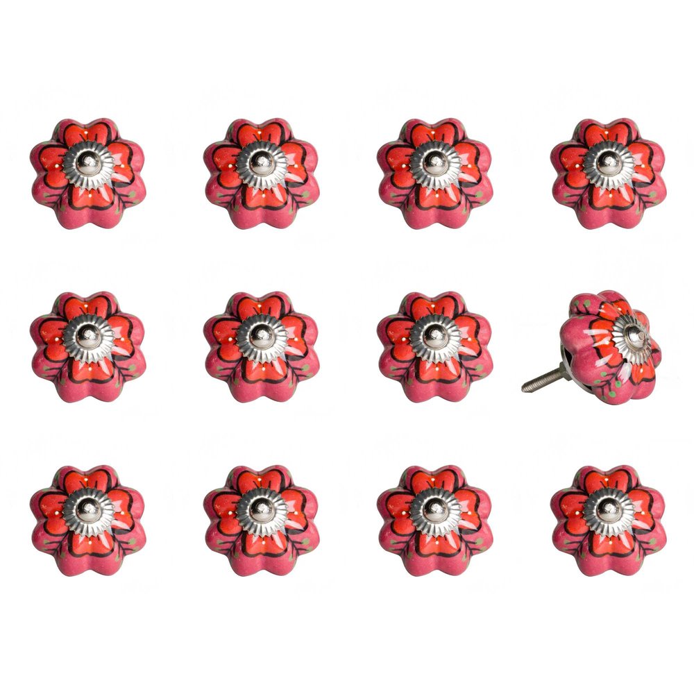 Set of Twelve Red Pink And Green Floral Ceramic Drawer Pull Knobs