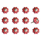 Set of Twelve Red Pink And Green Floral Ceramic Drawer Pull Knobs