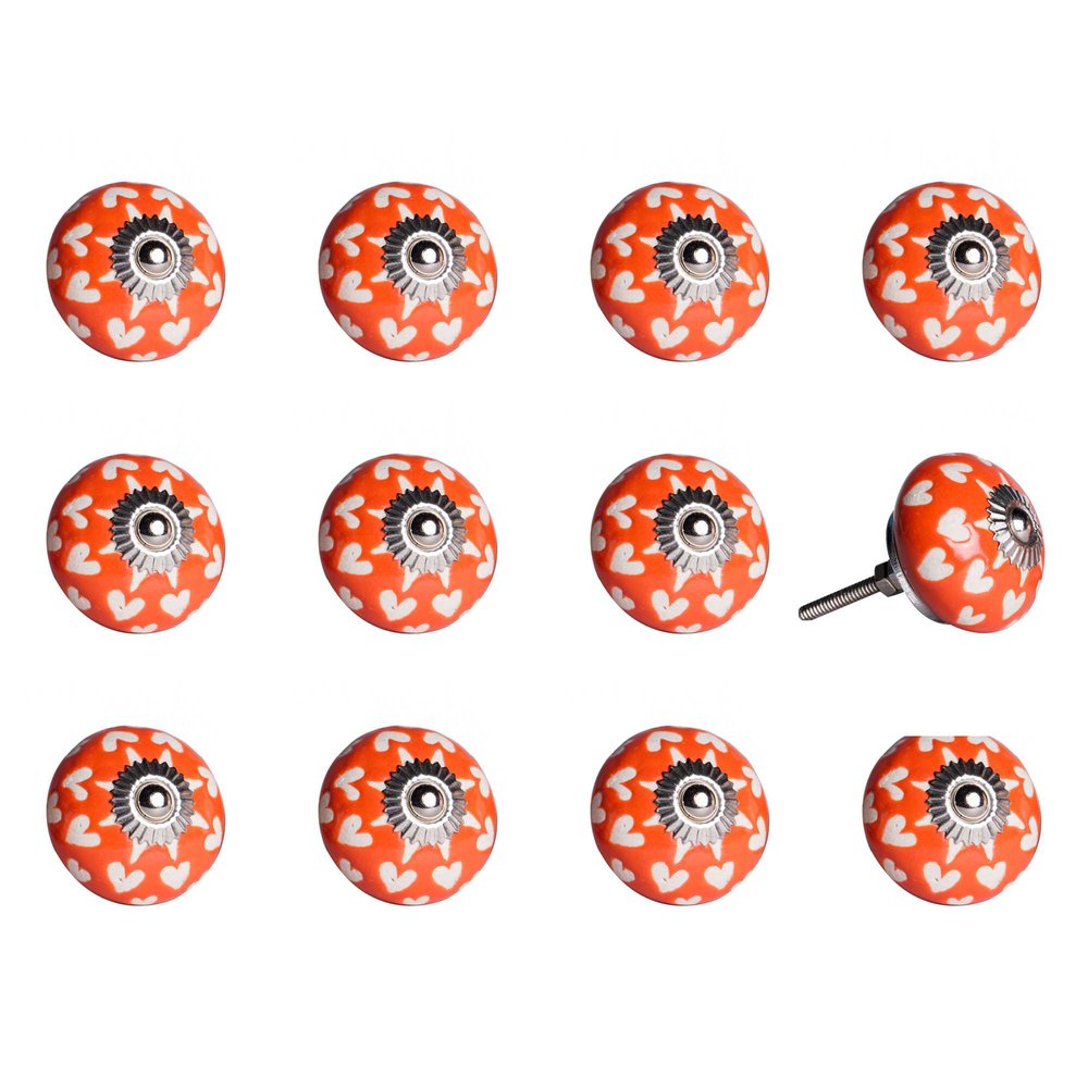 Set of Twelve Orange White And Silver Floral Ceramic Drawer Pull Knobs