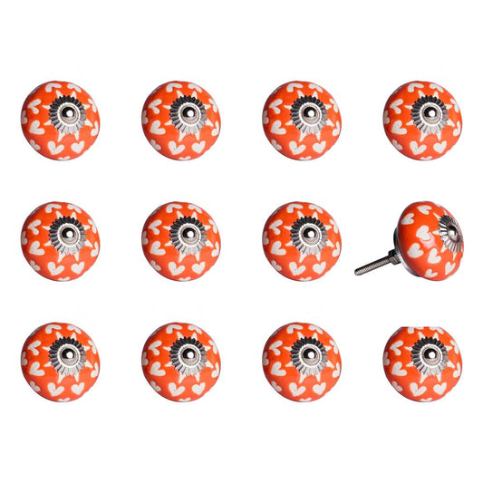 Set of Twelve Orange White And Silver Floral Ceramic Drawer Pull Knobs
