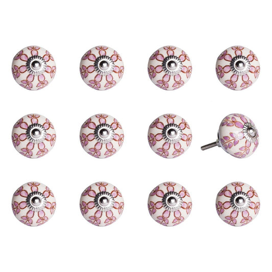 Set of Twelve Pink White And Burgundy Floral Ceramic Drawer Pull Knobs